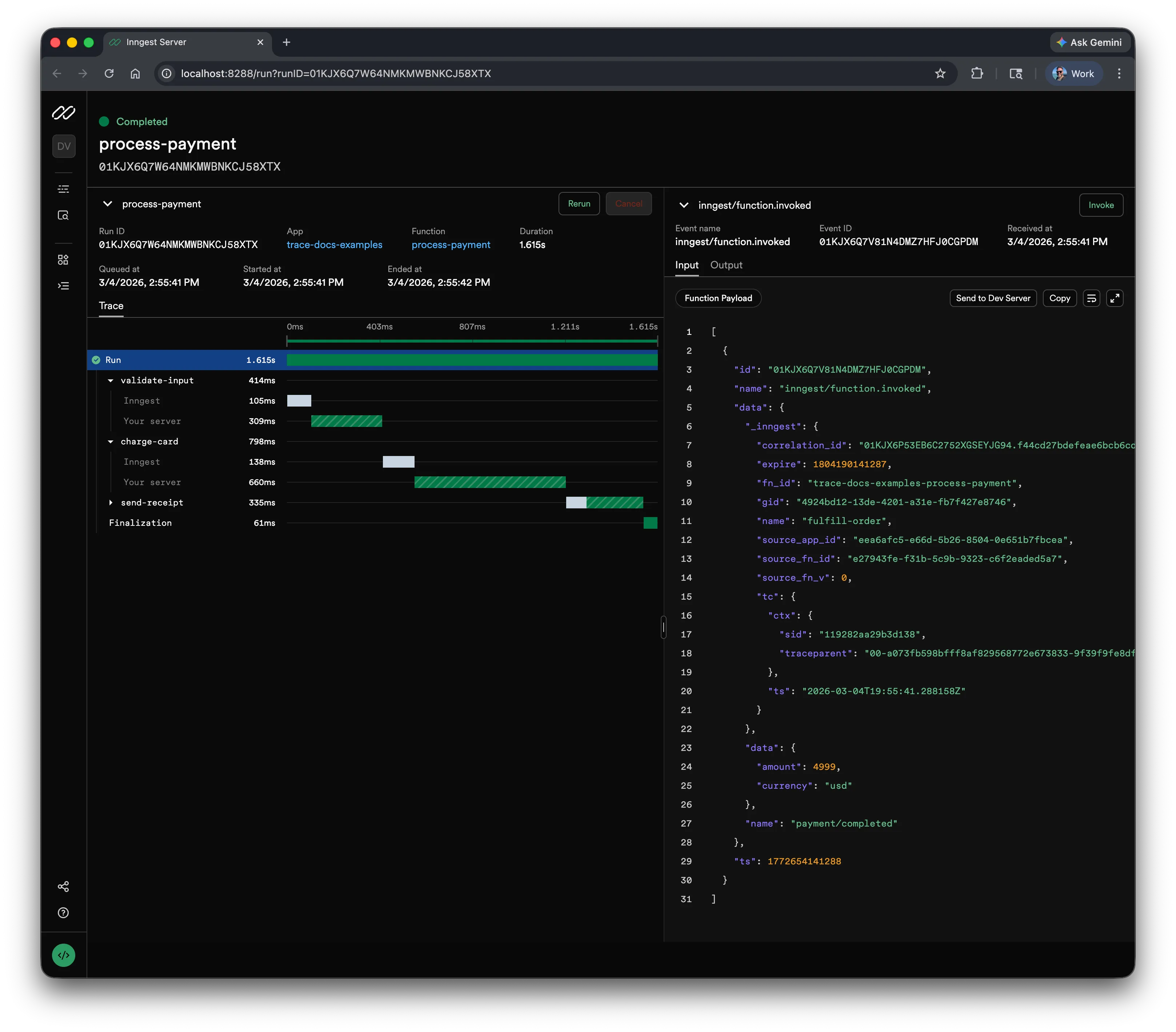 Trace view showing the two-panel layout with timeline bars on the left and step details on the right